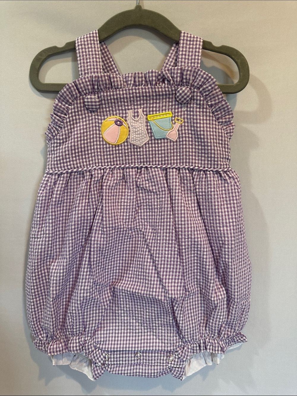 Purple Gingham Baby Romper with Beach Patch Accents with matching bow